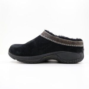 Merrell Encore Chill Stitch Black Suede Leather Faux-Fur Lined Comfort Clogs 8.5